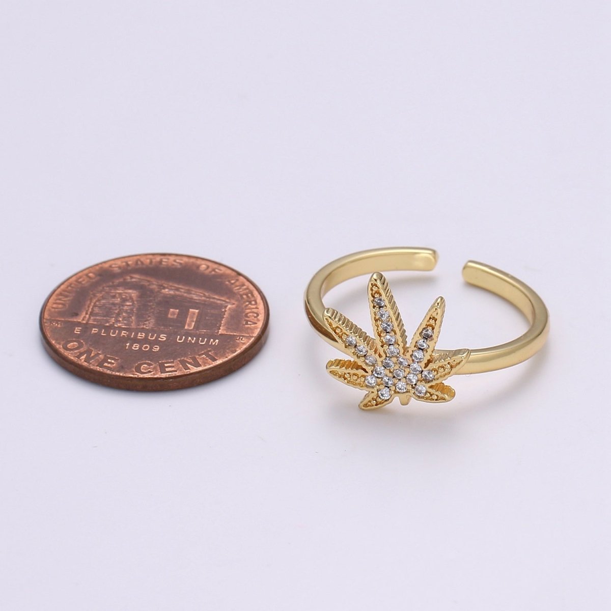 Dainty Mary Jane Ring | Studded Cannabis Ring | Marijuana Ring | Cubic Gold Filled Open Ring Adjustable Ring Gift | Weed Ring | For Woman R331 - DLUXCA