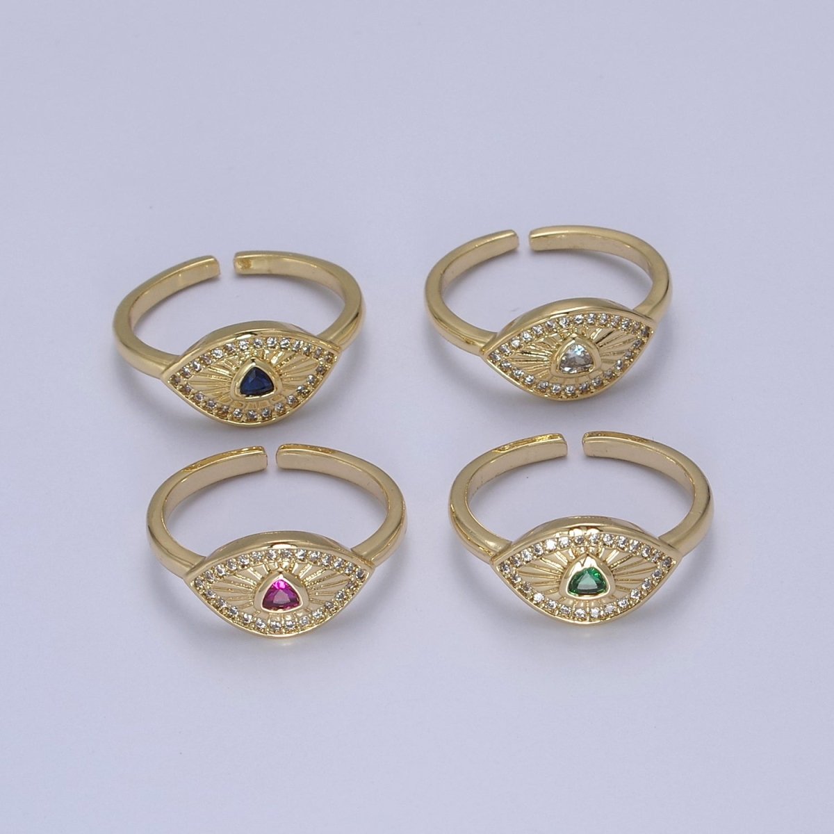 Dainty Micro Pave Cubic Zirconia Evil Eye Stackable Adjustable 24K Gold Filled Ring U-517 ~ U-520 - DLUXCA