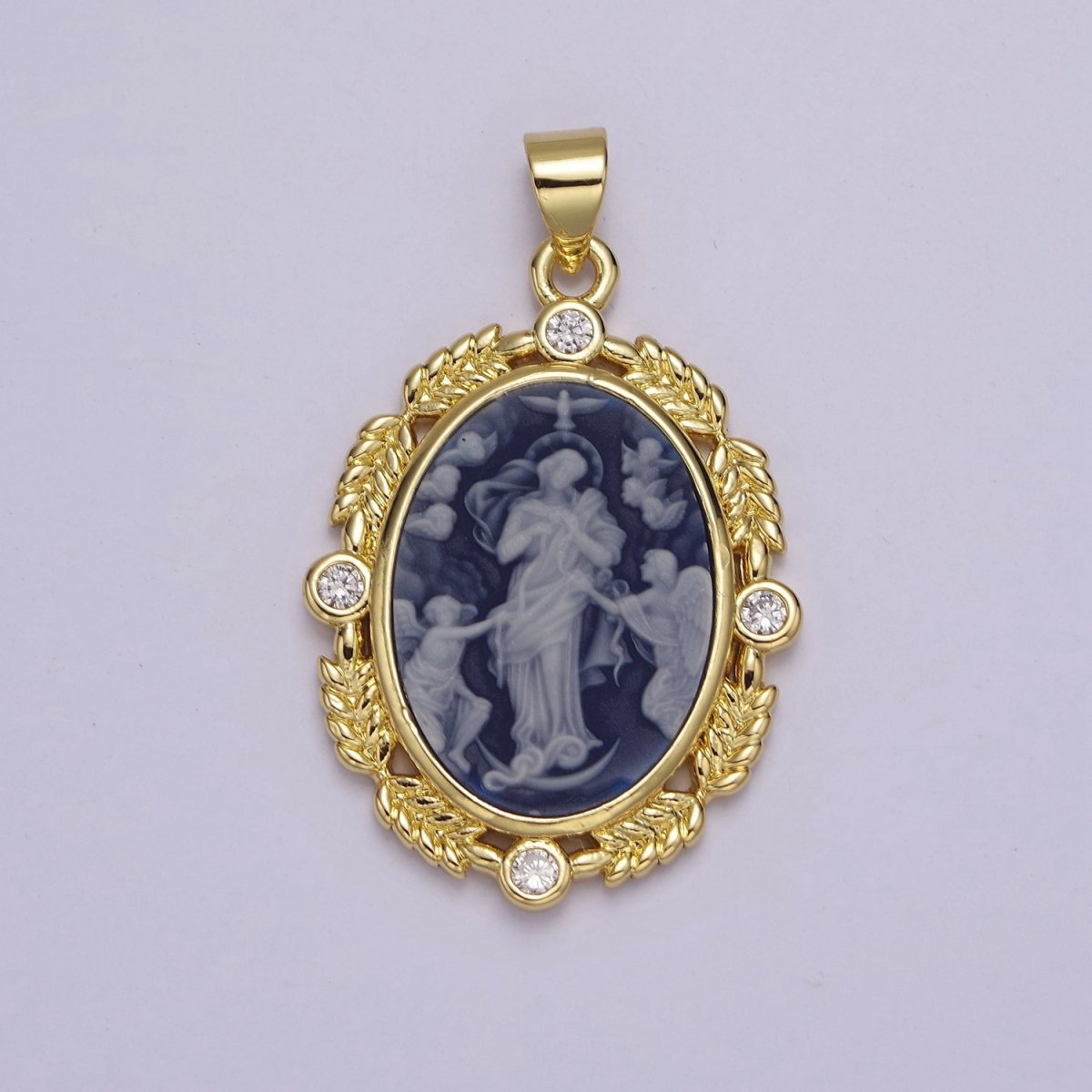Dainty Micro Pave Vintage Blue Agate Jesus pendant Angel cameo jewelry Charm Necklace J-327 - DLUXCA