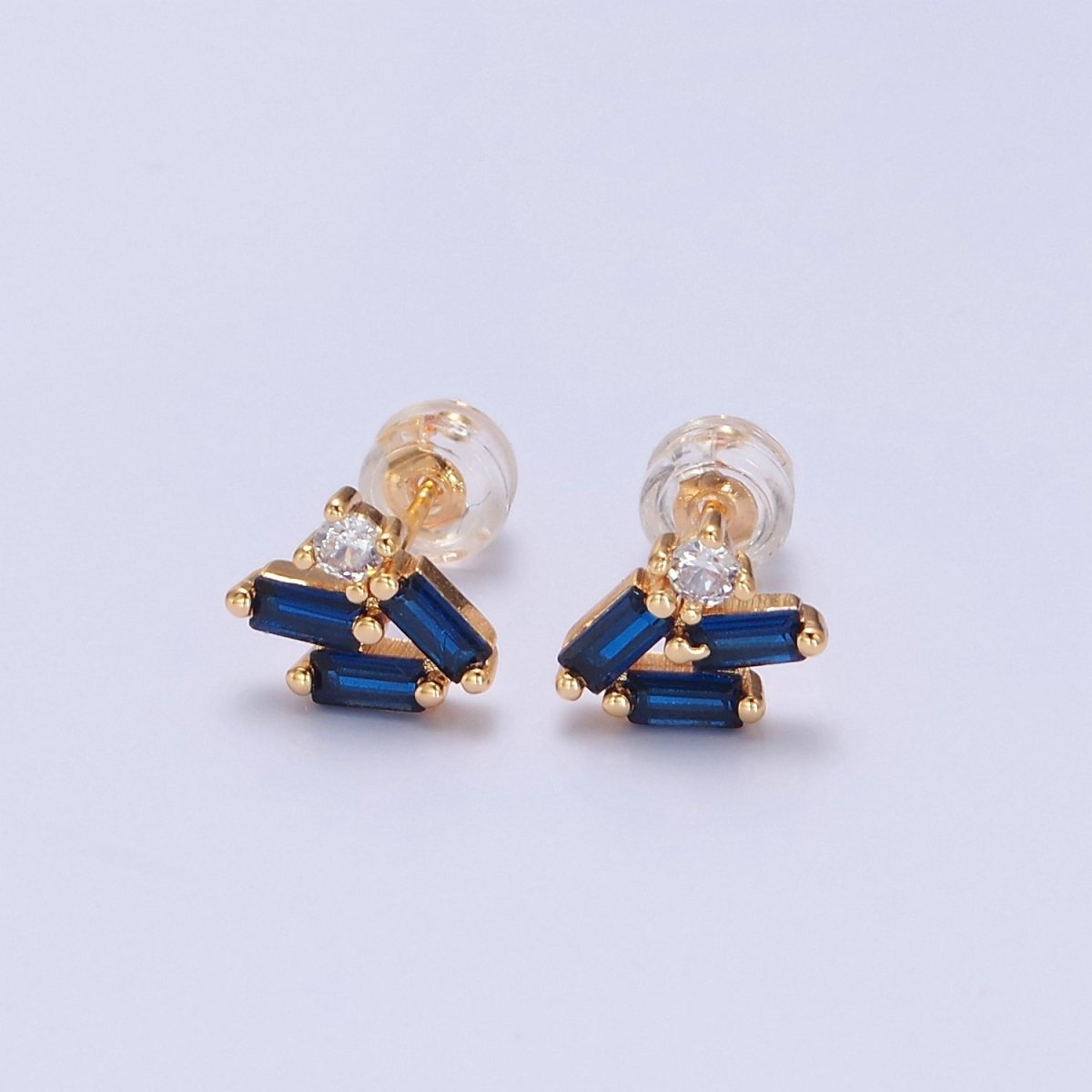Dainty Mini Sapphire Blue Cz Baguette Stud Earring T-383 - DLUXCA