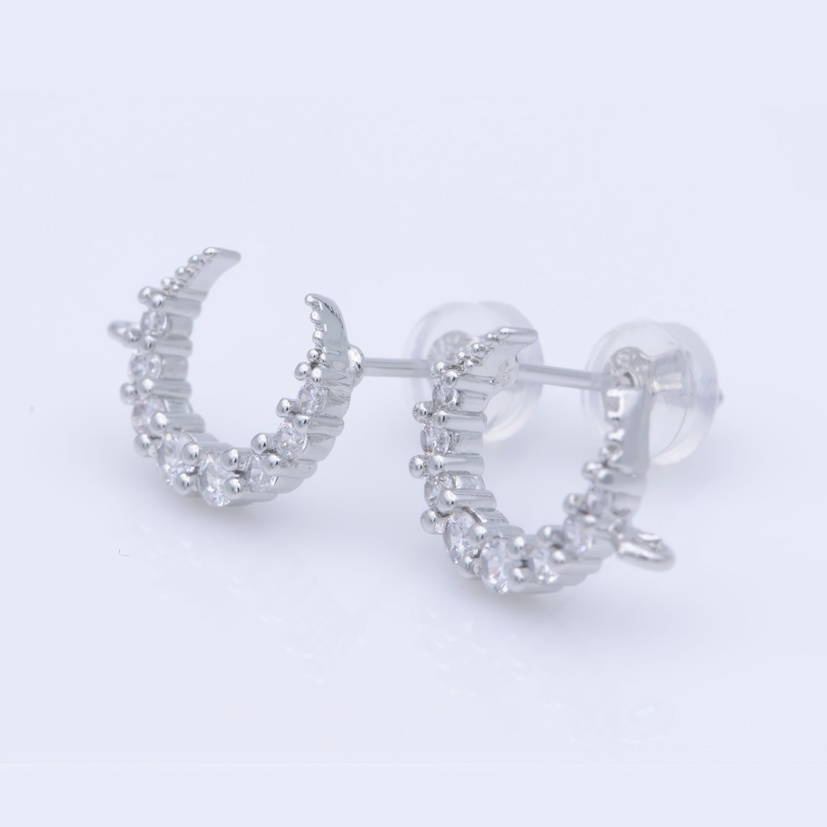 Dainty Moon Post Earring, Micro Pave Moon Stud with Open Link for Earring Jewelry Supplies Component in Silver Filled K-256 - DLUXCA