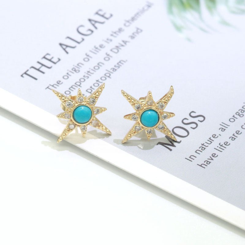 Dainty North Star Stud Cubic Zirconia Turquoise stud earrings Dainty Gold Stud earring T-128 - DLUXCA