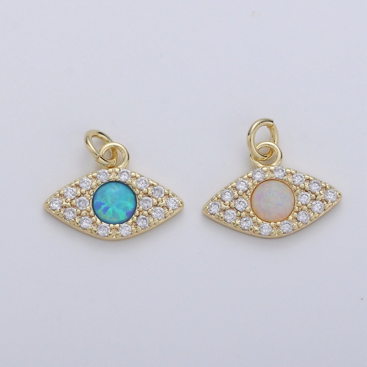 Dainty Opal Evil Eye Charm - 12x14mm Blue Moon Stone Charm 14k Gold Filled CZ Drop Charm Pendant, Cubic Evil Eye Protection Charm D-173 D-174 - DLUXCA