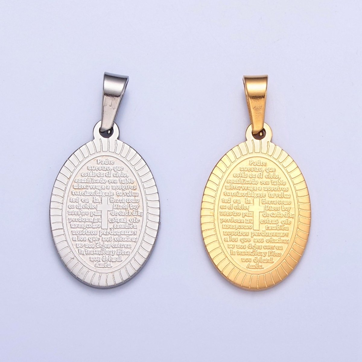 Dainty Oval Stainless Steel Pendant, Religious Pendant Engraved with the Lord's Prayer in Spanish I-529 I-759 - DLUXCA