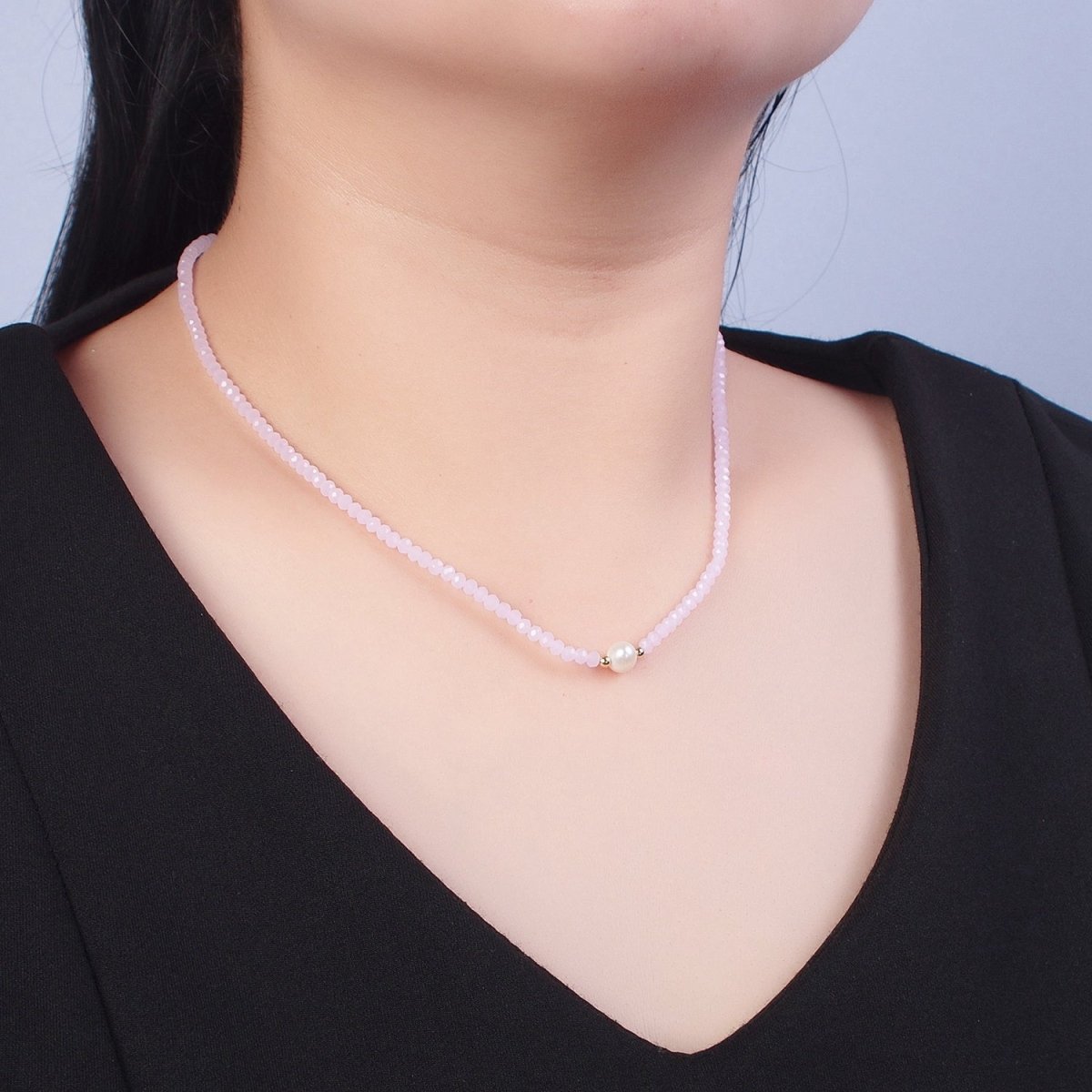 Dainty Pastel Color Glass Beaded Necklace Faceted Rondell Beads with Fresh Water Pearl Necklace | WA-1030 to WA-1033 Clearance Pricing - DLUXCA