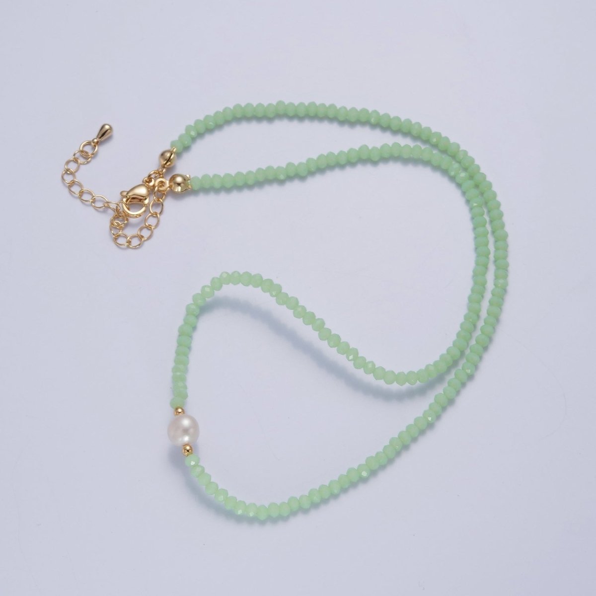 Dainty Pastel Color Glass Beaded Necklace Faceted Rondell Beads with Fresh Water Pearl Necklace | WA-1030 to WA-1033 Clearance Pricing - DLUXCA