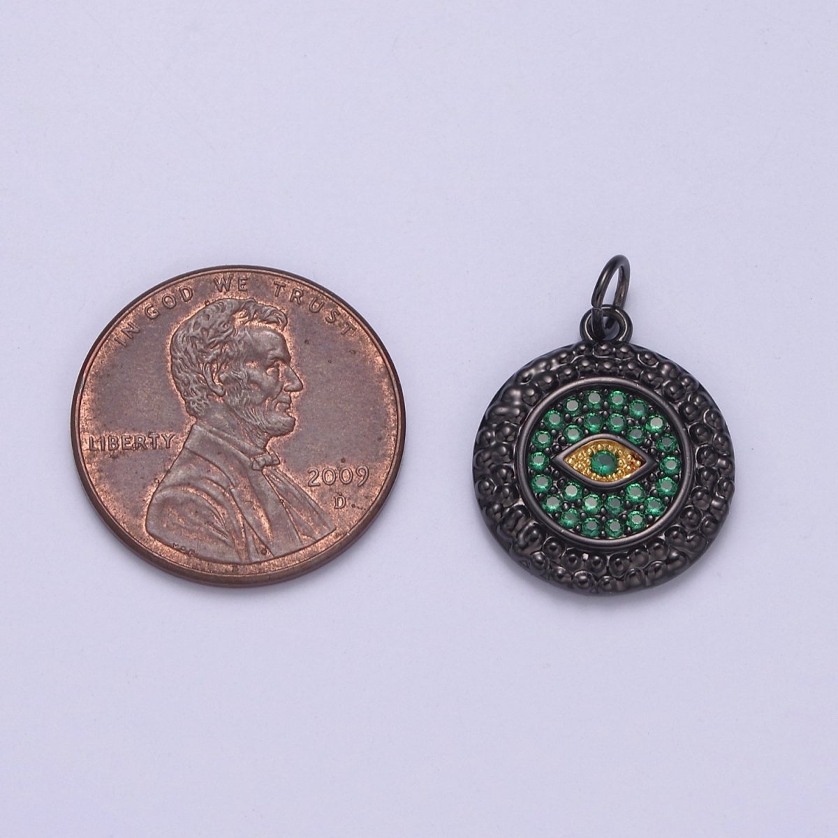 Dainty Pave black diamond Evil Eye Charm CZ Diamond Round Coin Charm Emerald Green Crystal N-832 - DLUXCA