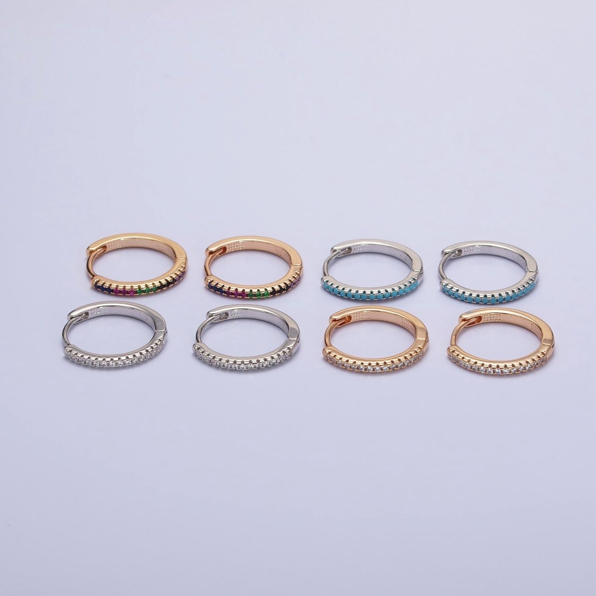 Dainty Pave Cz Hoop Earring with Clear Turquoise Multi Color Rainbow Cz Stone 17mm AD1349 AD1350 AD1352 AD1353 - DLUXCA
