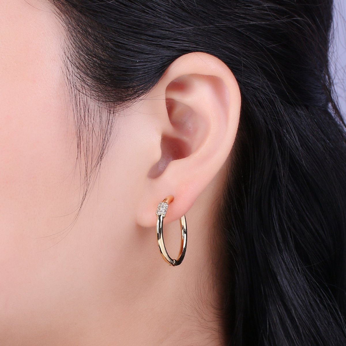 Dainty pave zirconia hoops, 25mm cz hoop earrings, Dainty earrings, Minimalist earrings, Thin hoops, Gold pave hoops T-231 T-232 - DLUXCA