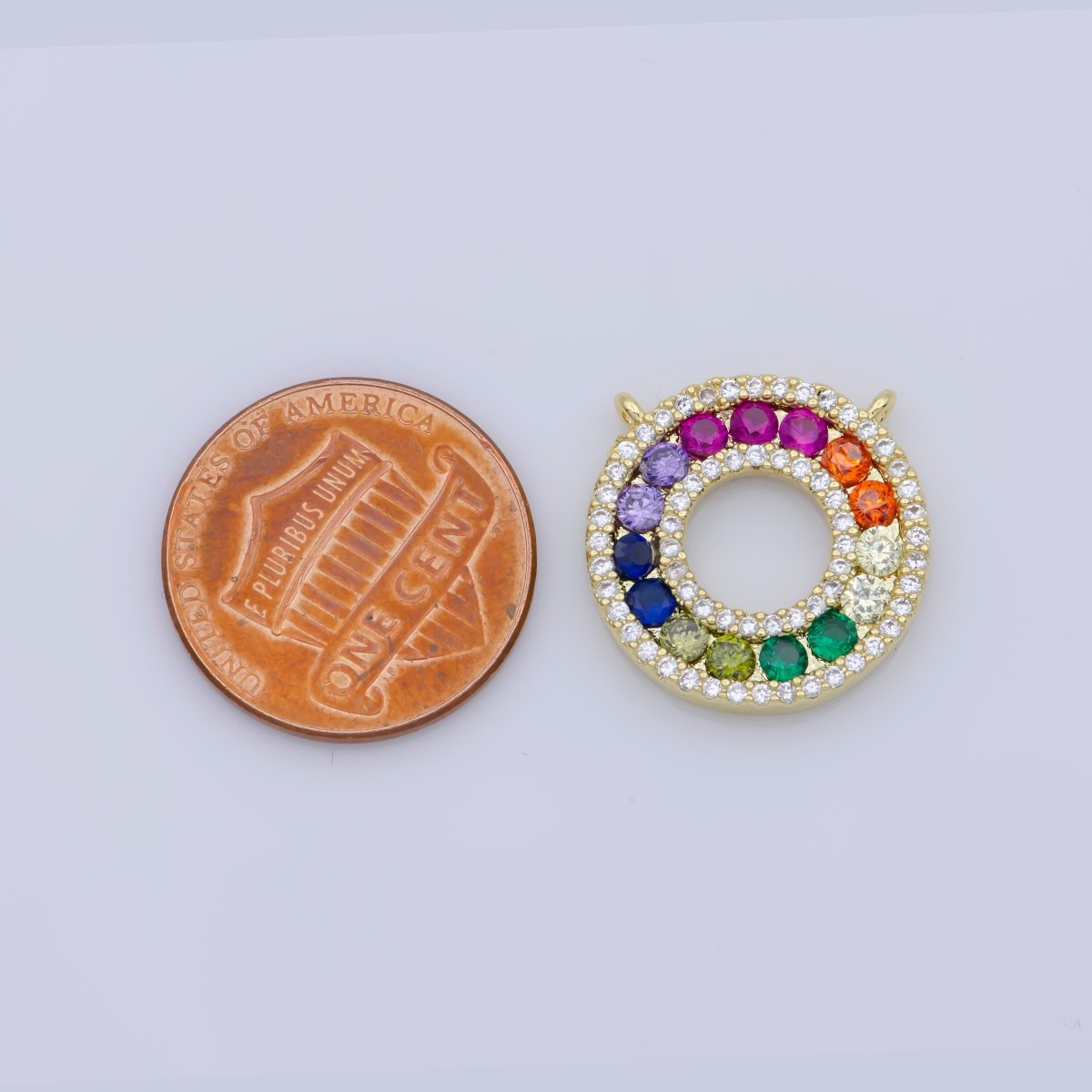 Dainty Pendant Rainbow Pink Fuschia Hot Pink Green White Diamond Blue Cubic Zirconia Gold Coin Disc Round Charm Necklace w/ double bail F-343 - DLUXCA