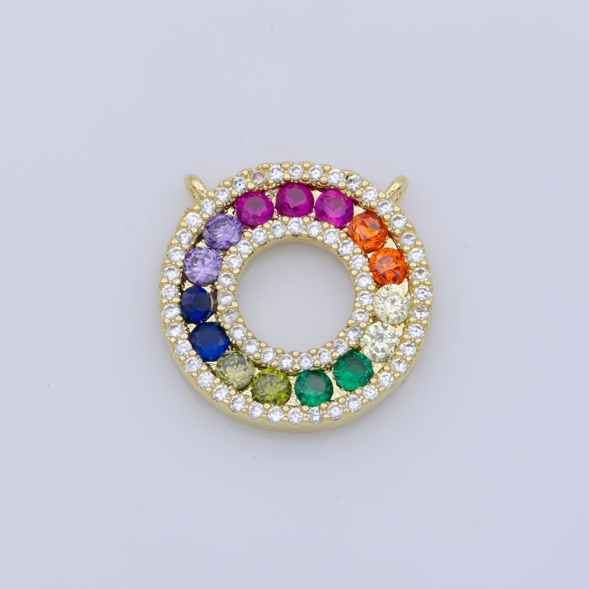 Dainty Pendant Rainbow Pink Fuschia Hot Pink Green White Diamond Blue Cubic Zirconia Gold Coin Disc Round Charm Necklace w/ double bail F-343 - DLUXCA