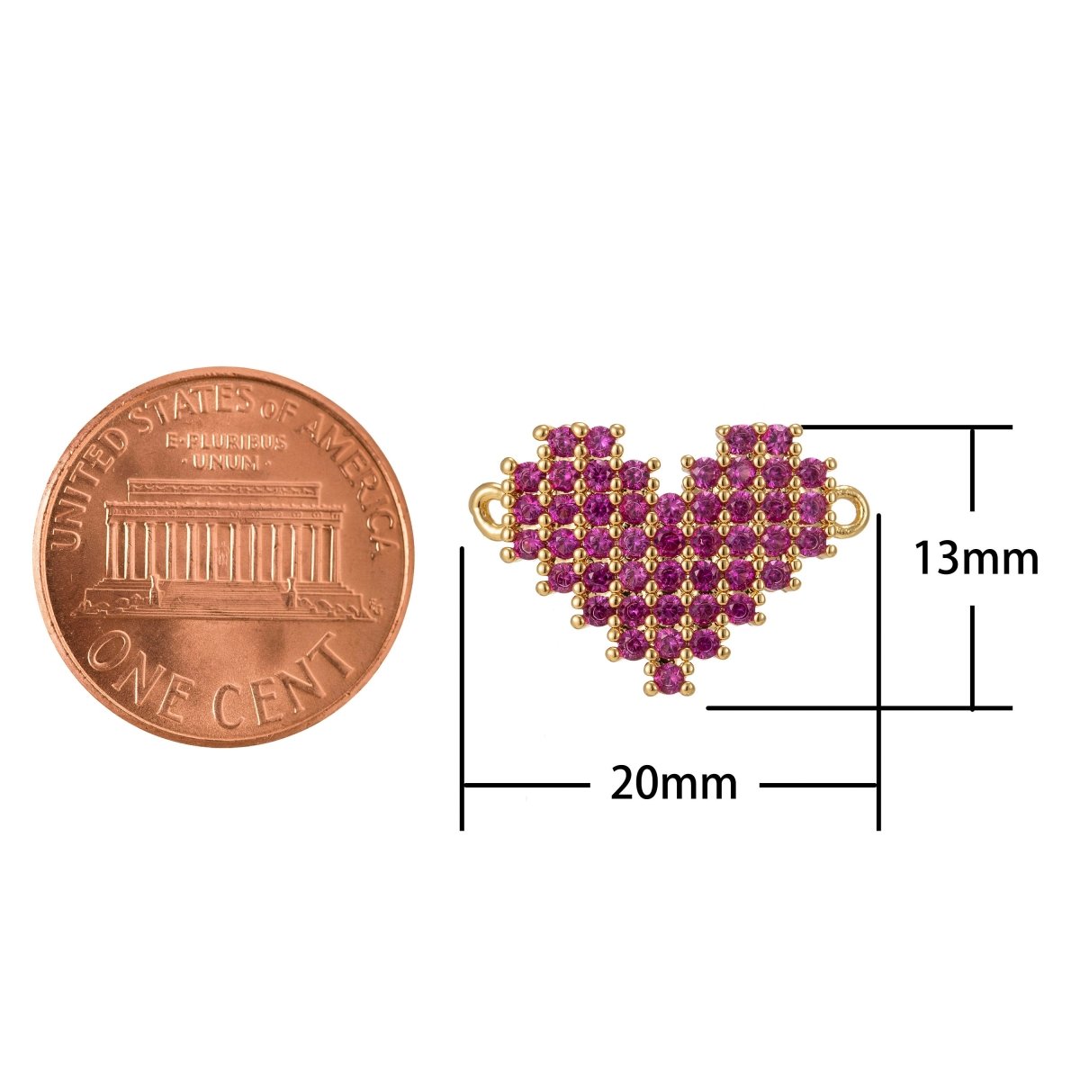 Dainty Pink Micro Pave Heart Charm, Cubic Heart Shape Charm Gold Love Charm Connector 13mm x 20mm for bracelet Connector F-309 - DLUXCA