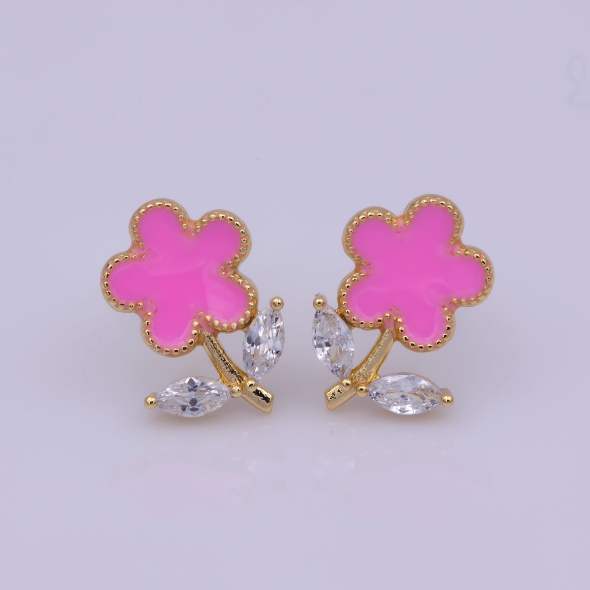 Dainty Pink, Teal, White Enamel Daisy Flower with Crystal Zirconia CZ Gold Stud Earring | T-222 ~ T-224 - DLUXCA