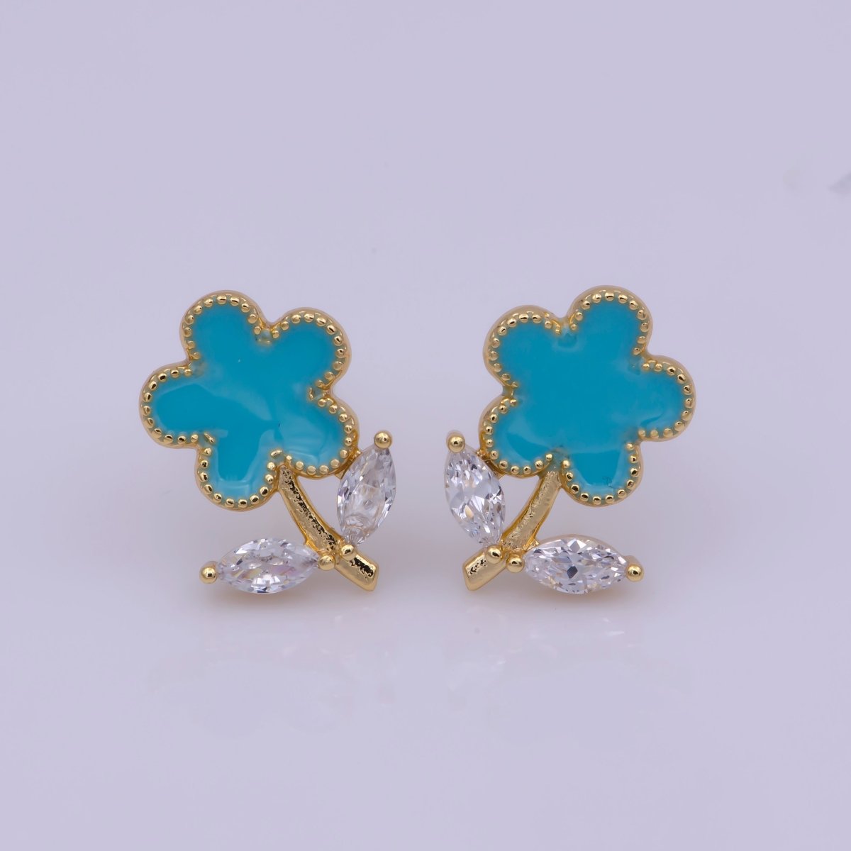Dainty Pink, Teal, White Enamel Daisy Flower with Crystal Zirconia CZ Gold Stud Earring | T-222 ~ T-224 - DLUXCA