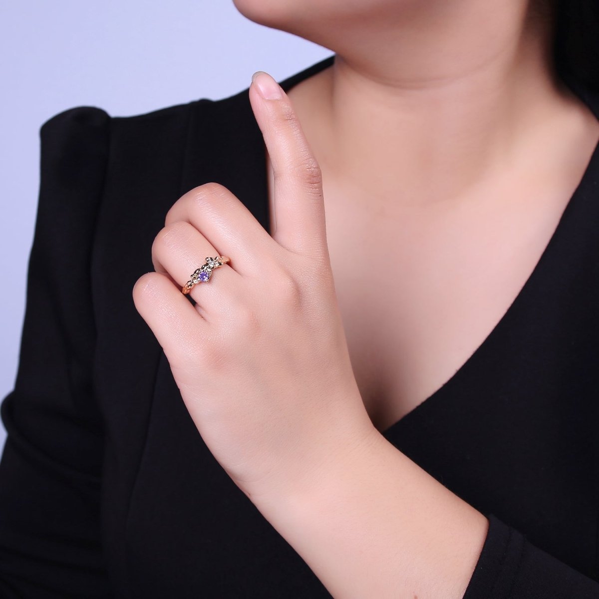 Dainty Purple Cz Ring Rustic Open Adjustable Ring S-460 - DLUXCA