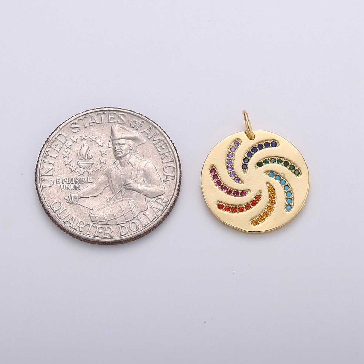 Dainty Rainbow Charm, Multi Color Charm Micro Pave Cz Pendant Disc Charm in Gold Filled, C-567 - DLUXCA