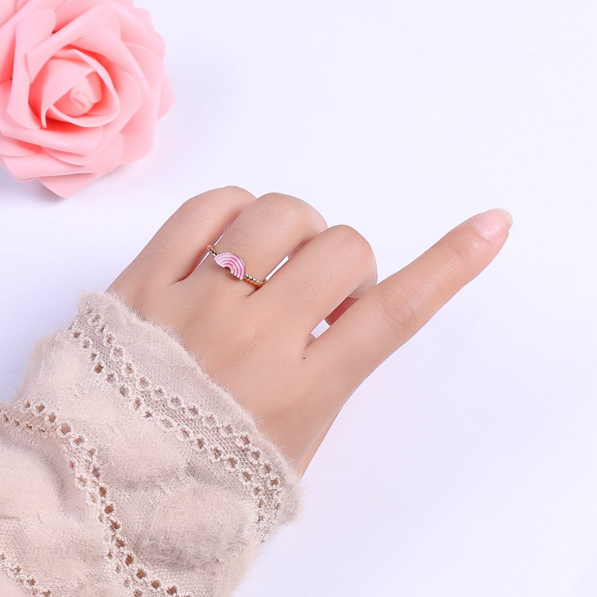 Dainty Rainbow Ring, Pink Enamel Ring Twisted Open Adjustable Ring Christmas New beginning gift U-113 U-114 - DLUXCA