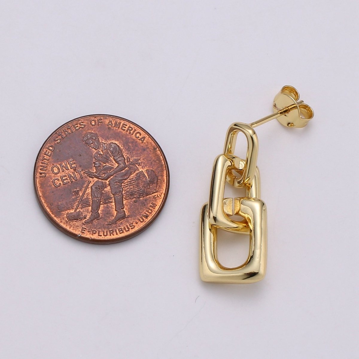 Dainty Rectangle Link Charm Stud, Gold Plated Simple Earring Modern design Earring, Butterfly backing closure Q-341 - DLUXCA