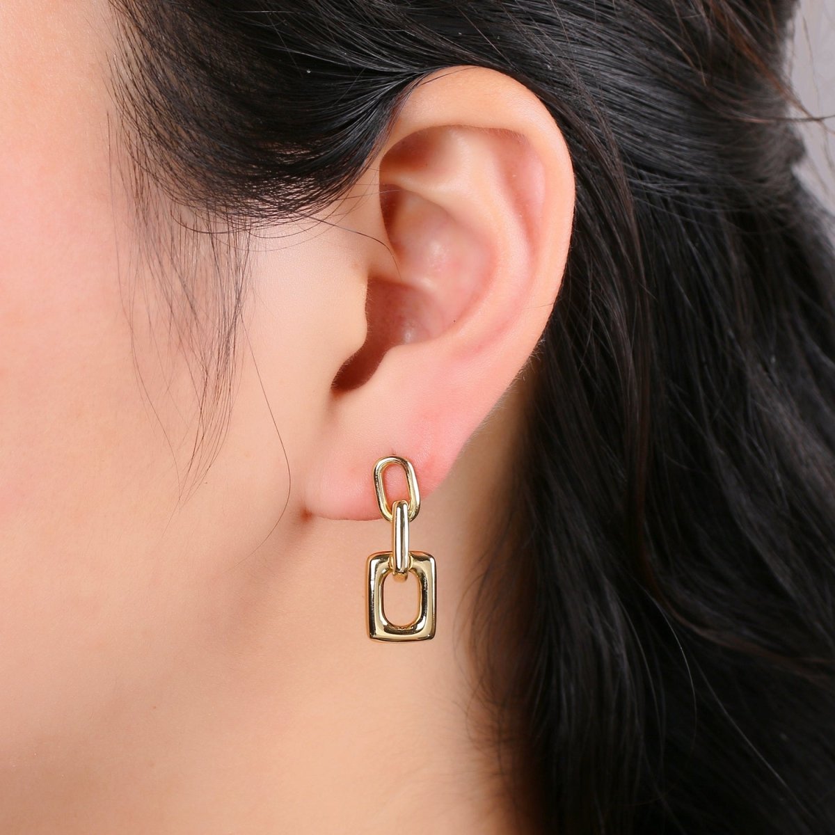 Dainty Rectangle Link Charm Stud, Gold Plated Simple Earring Modern design Earring, Butterfly backing closure Q-341 - DLUXCA