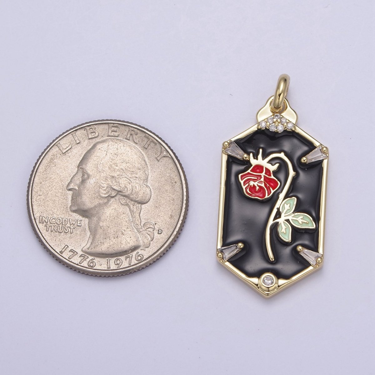 Dainty Red Rose Charm Necklace, 14K Gold Filled Flower necklace Pendant Belle beauty and the beast Jewelry Inspired Hexagon Tag Dangle Charm N-759 N-761 - DLUXCA