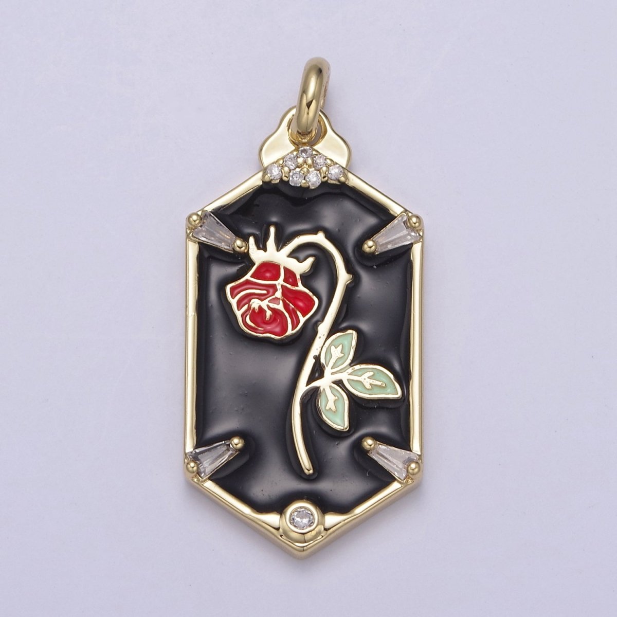 Dainty Red Rose Charm Necklace, 14K Gold Filled Flower necklace Pendant Belle beauty and the beast Jewelry Inspired Hexagon Tag Dangle Charm N-759 N-761 - DLUXCA