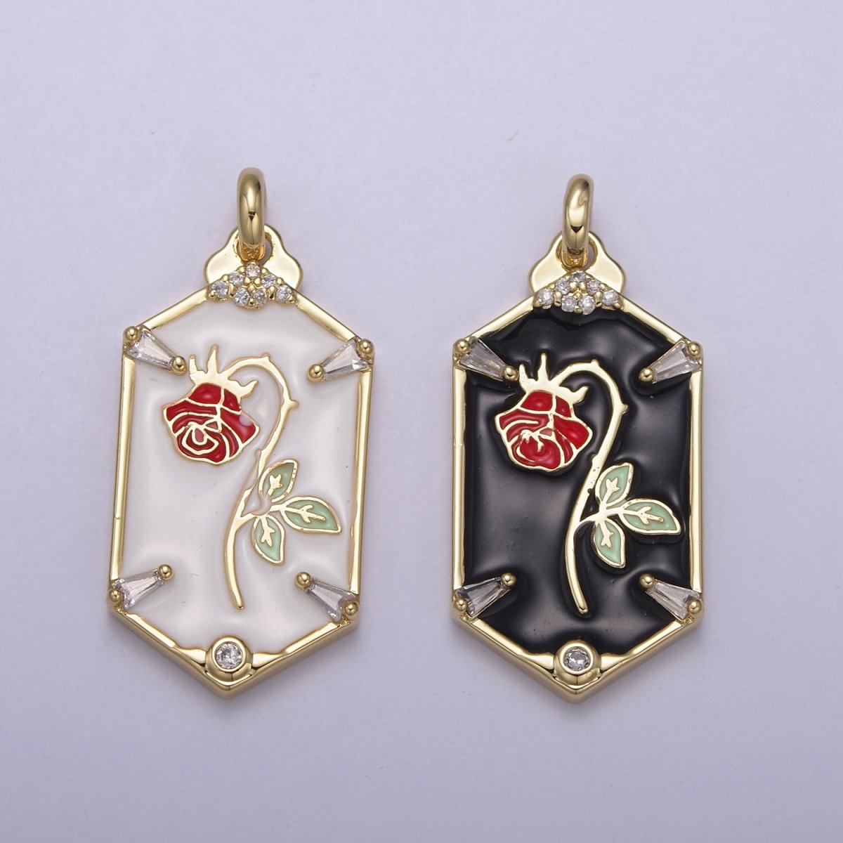 Dainty Red Rose Charm Necklace, 14K Gold Filled Flower necklace Pendant Belle beauty and the beast Jewelry Inspired Hexagon Tag Dangle Charm N-759 N-761 - DLUXCA