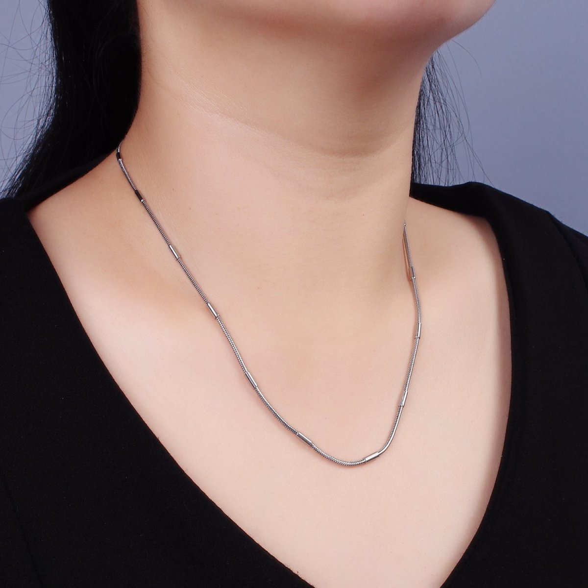 Dainty Round Snake Chain Necklace Stainless Steel 19 inch Necklace in Silver WA-2399 - DLUXCA