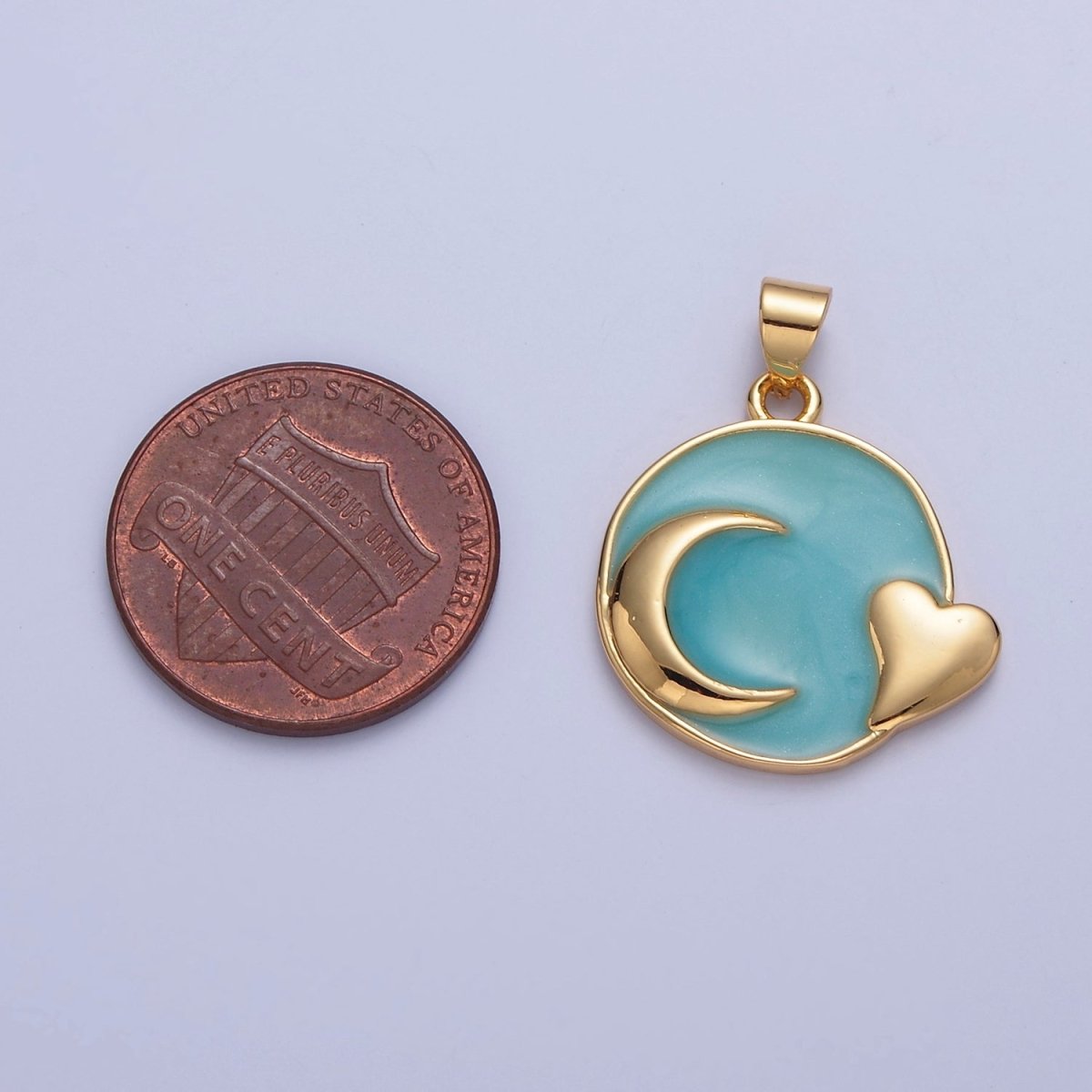Dainty Round Teal Enamel Crescent Moon Heart Charm for Necklace Pendant I-311 - DLUXCA