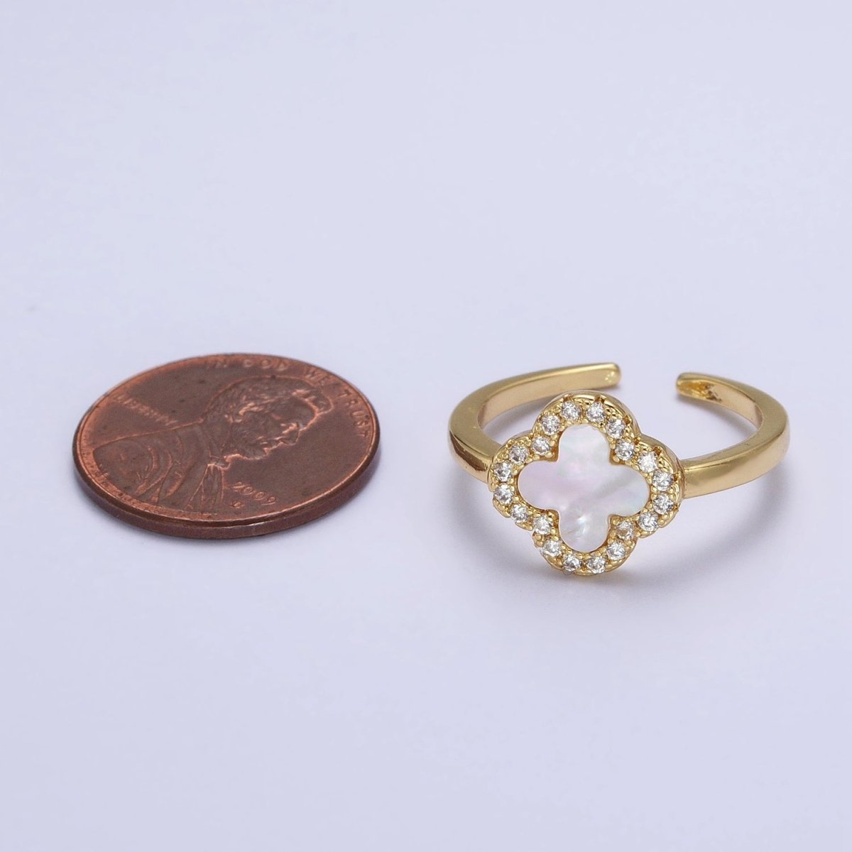 Dainty Shell Pearl Clover Ring Micro Pave Quatrefoil Ring Lucky Jewelry Four leaf Ring Y-604 - DLUXCA