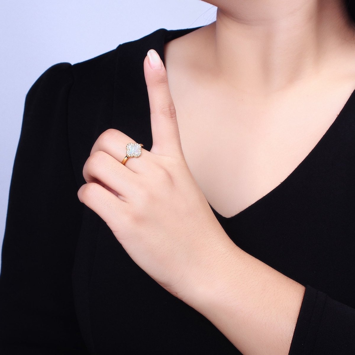 Dainty Shell Pearl Clover Ring Micro Pave Quatrefoil Ring Lucky Jewelry Four leaf Ring Y-604 - DLUXCA