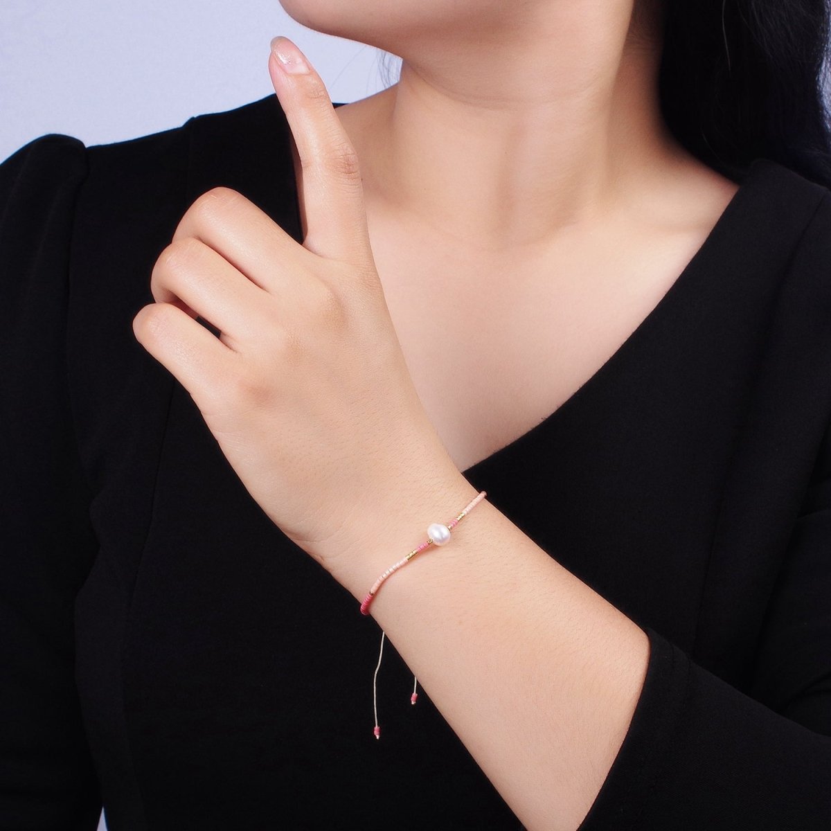 Dainty Shell Pearl Cord Bracelet Barbie core Pink Gold Cylinder Beaded Adjustable Bracelet | WA-2177 Clearance Pricing - DLUXCA