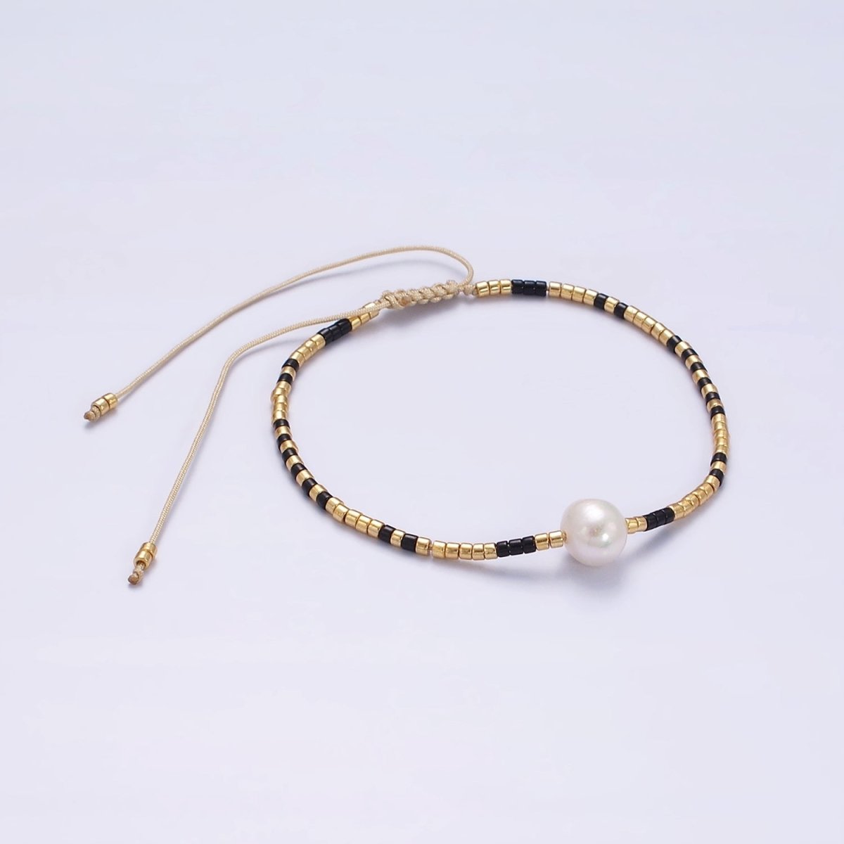 Dainty Shell Pearl Cord Bracelet with Gold Black Beaded Adjustable Bracelet | WA-2203 Clearance Pricing - DLUXCA