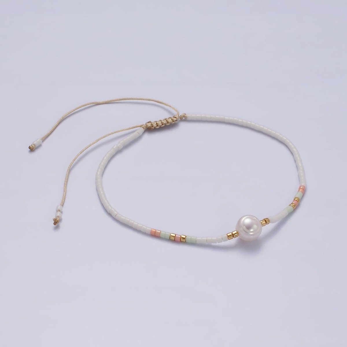 Dainty Shell Pearl Cord Bracelet with White Pink Gold Cylinder Beaded Adjustable Bracelet | WA-2199 Clearance Pricing - DLUXCA
