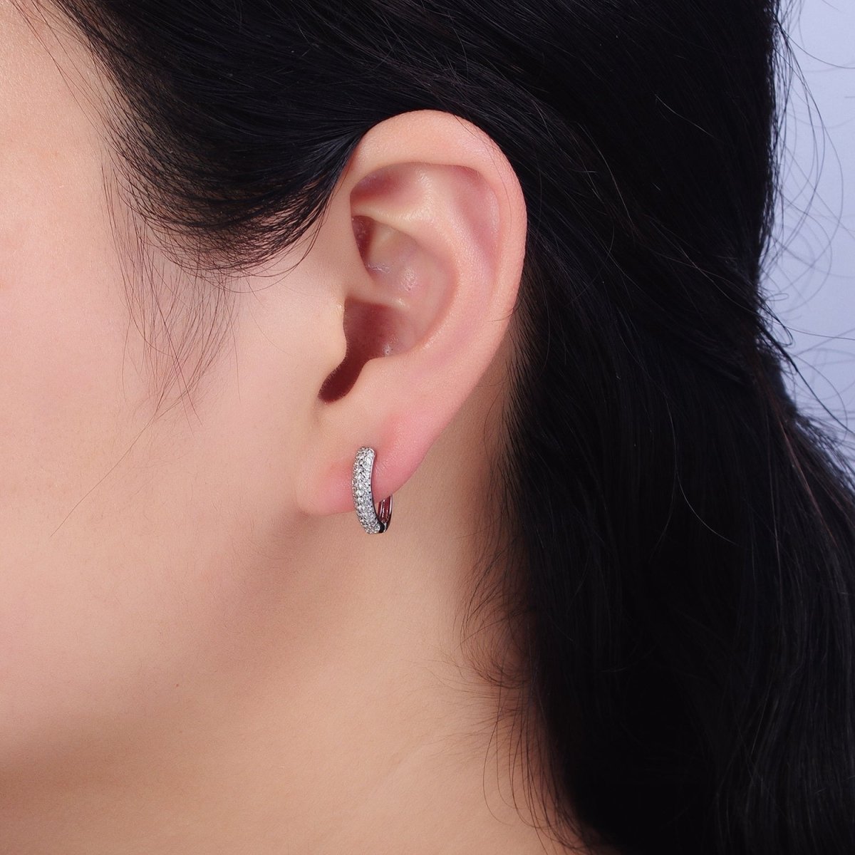 Dainty Silver Hoop Earring with Clear Micro Pave Cz Stone 14.5mm AD1188 - DLUXCA