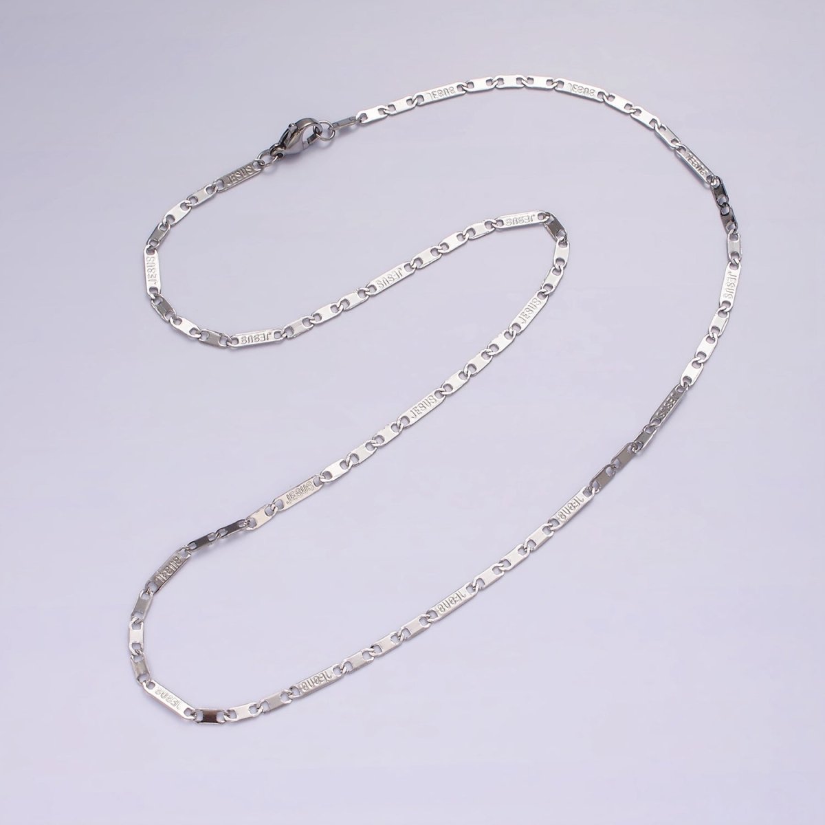 Dainty Stainless Steel 2.3mm Flat Anchor Figaro Chain Jesus Words 18 Inch Necklace in Silver | WA-2397 - DLUXCA