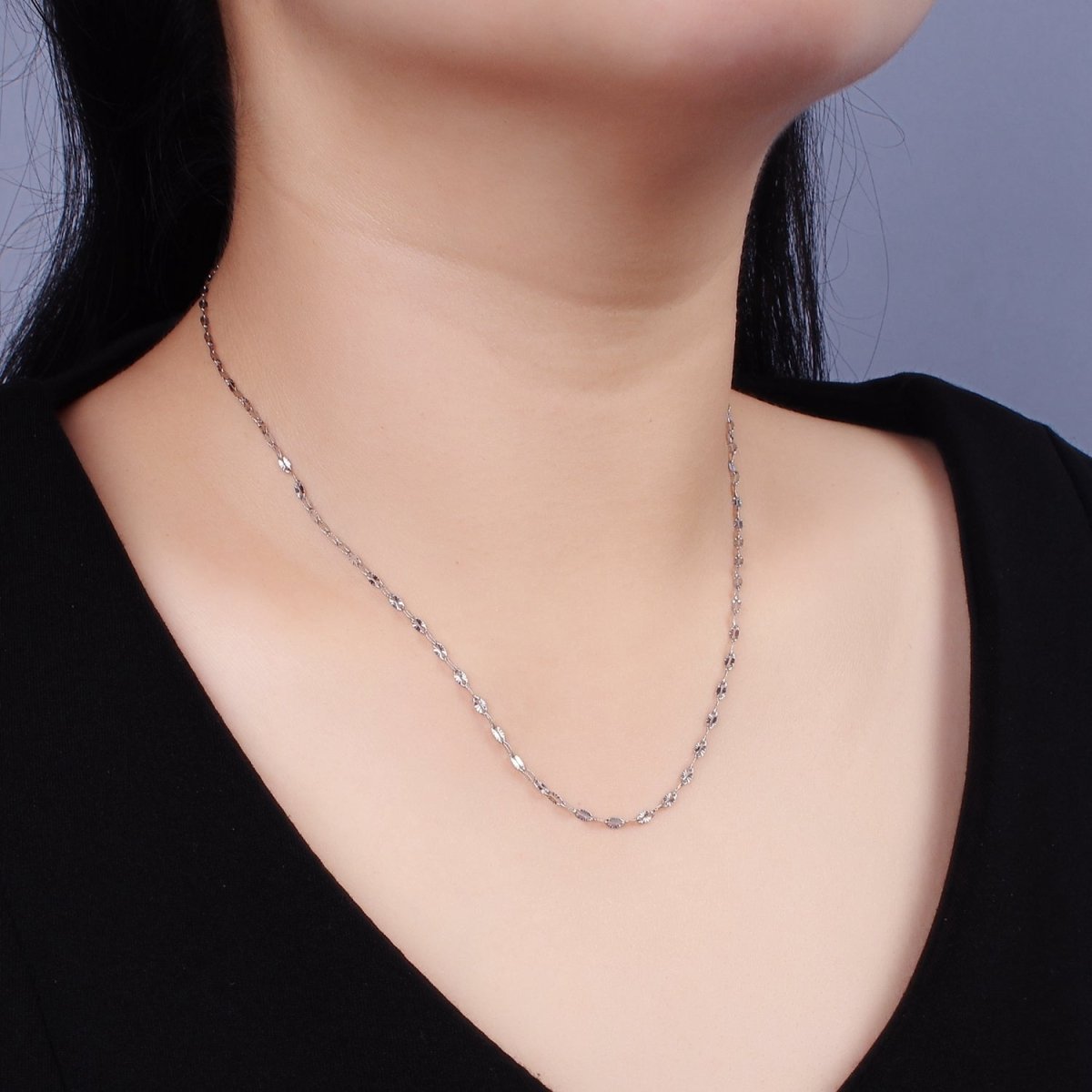 Dainty Stainless Steel Sunburst Diamond Cut Cable Chain Necklace 18 inch in Silver | WA-2404 - DLUXCA