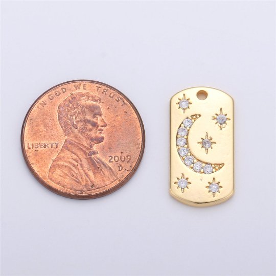 Dainty STARBURST Tag Pendant- 18k Gold Fill CZ North Star Charm, Textured Disc, Celestial Pendant, Micro Pave Charm C-678 - DLUXCA