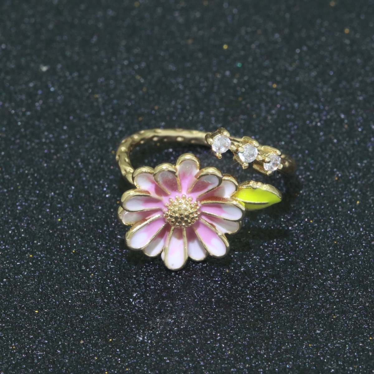 Dainty Sun Flower Stacking Ring, Gold Minimalistp Ring Open Adjustable Ring Enamle Ring Gold Filled O-539 - DLUXCA