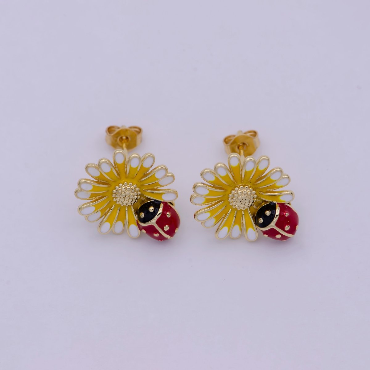 Dainty Sun Flower With Lady Bug Stud Earring Yellow Red Enamel T-261 - DLUXCA