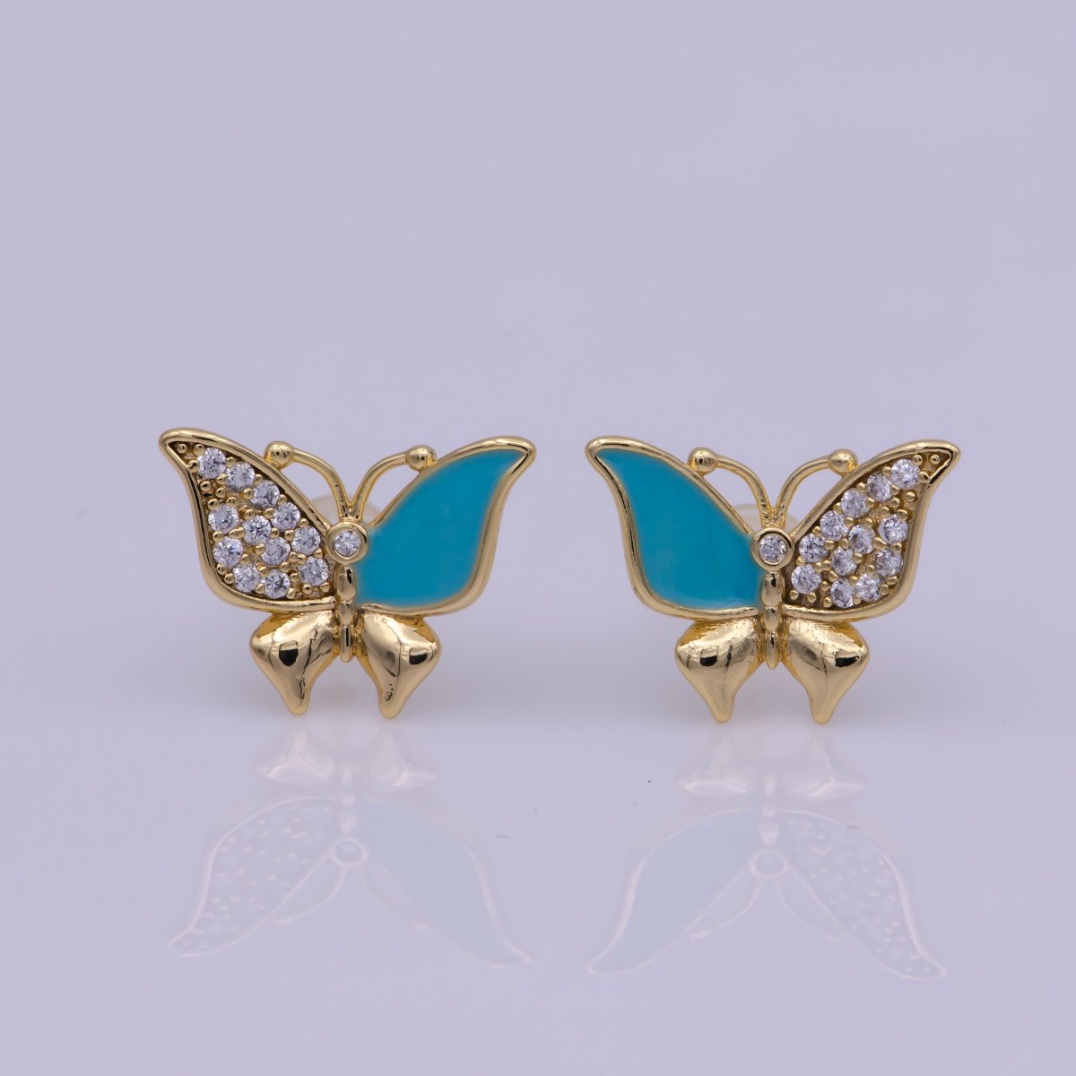 Dainty Teal, White Enamel, Crystal Zirconia CZ Butterfly Wings Gold Stud Earrings | T-225 T-226 - DLUXCA