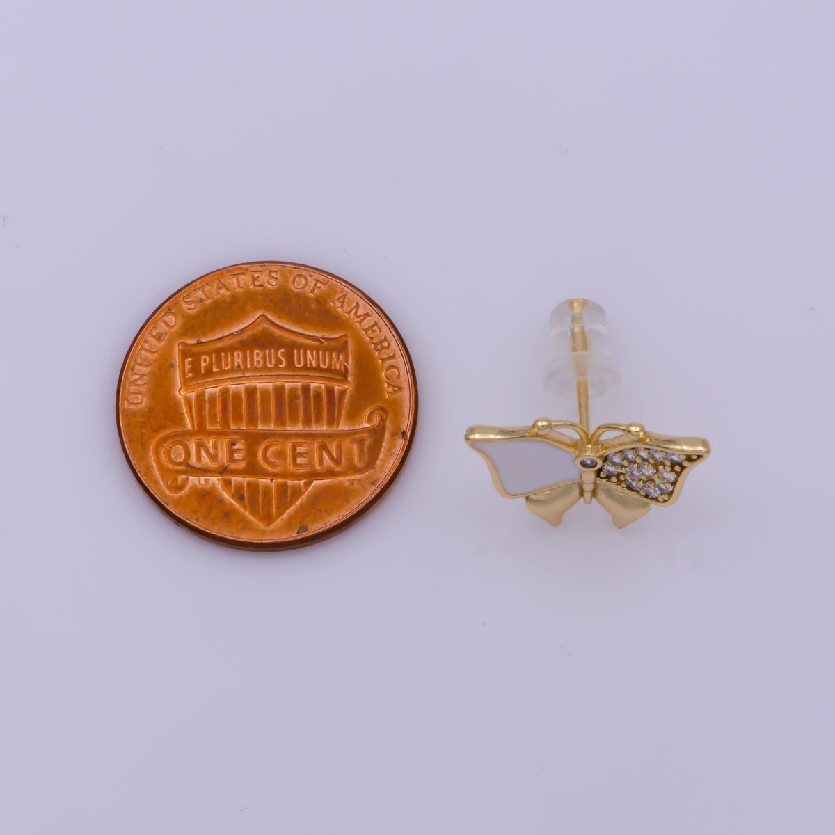 Dainty Teal, White Enamel, Crystal Zirconia CZ Butterfly Wings Gold Stud Earrings | T-225 T-226 - DLUXCA