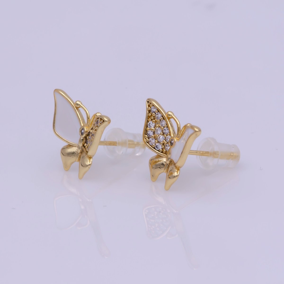 Dainty Teal, White Enamel, Crystal Zirconia CZ Butterfly Wings Gold Stud Earrings | T-225 T-226 - DLUXCA