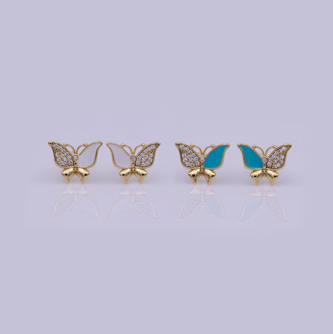 Dainty Teal, White Enamel, Crystal Zirconia CZ Butterfly Wings Gold Stud Earrings | T-225 T-226 - DLUXCA
