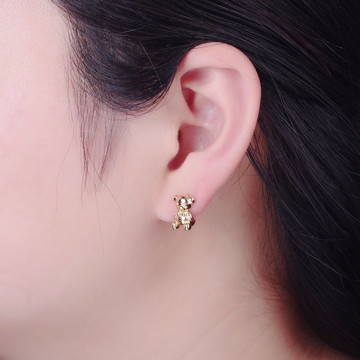 Dainty Teddy Bear Huggie Earring Gold Hoop Earring T-441 - DLUXCA