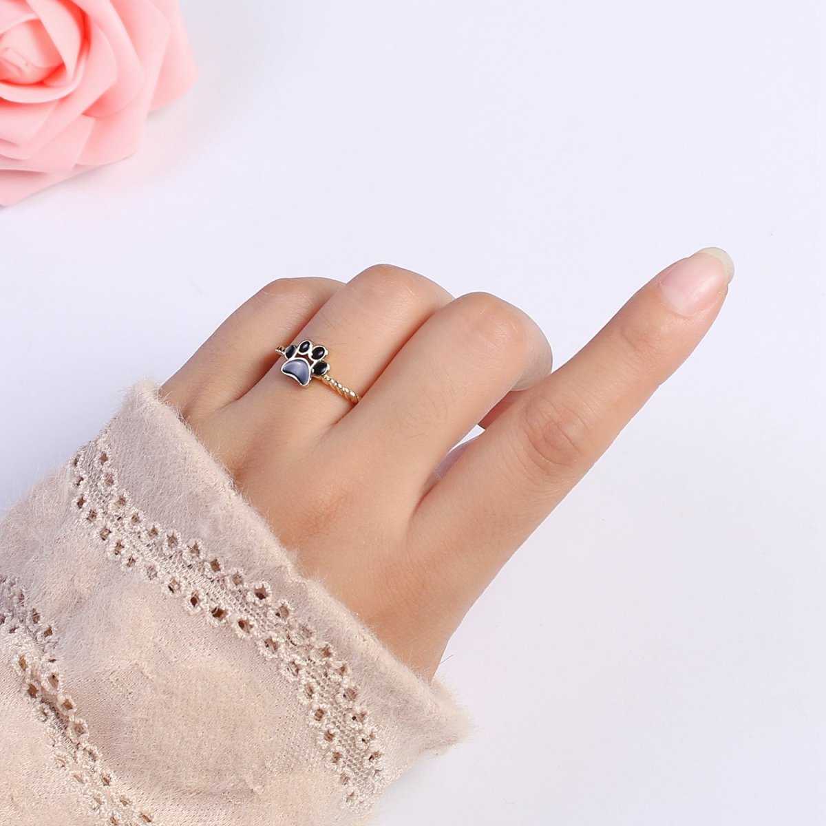 Dainty Thin Paw Print Enamel Fashion Ring with Colorfuul Paw Dog Lover Cat Lover Jewelry Open Adjustable U-030~U-033 - DLUXCA