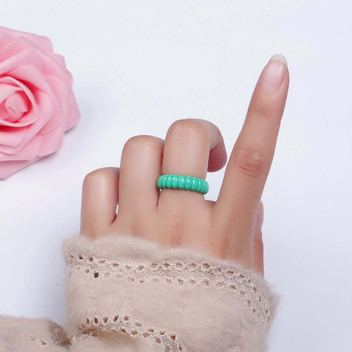 Dainty Turquoise Enamel Croissant Lined Y2K Ring for Single Lady | O-566 - DLUXCA