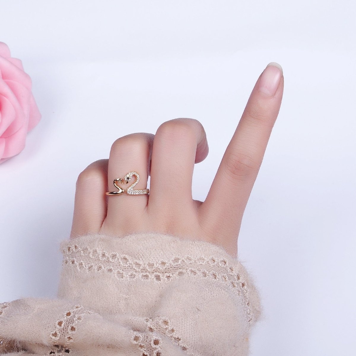 Dainty Two Swan Gold Ring, Adjustable Silver Swan Bird Ring Jewelry, Mother Daughter CZ Open Gold Ring Y-619 Y-620 - DLUXCA
