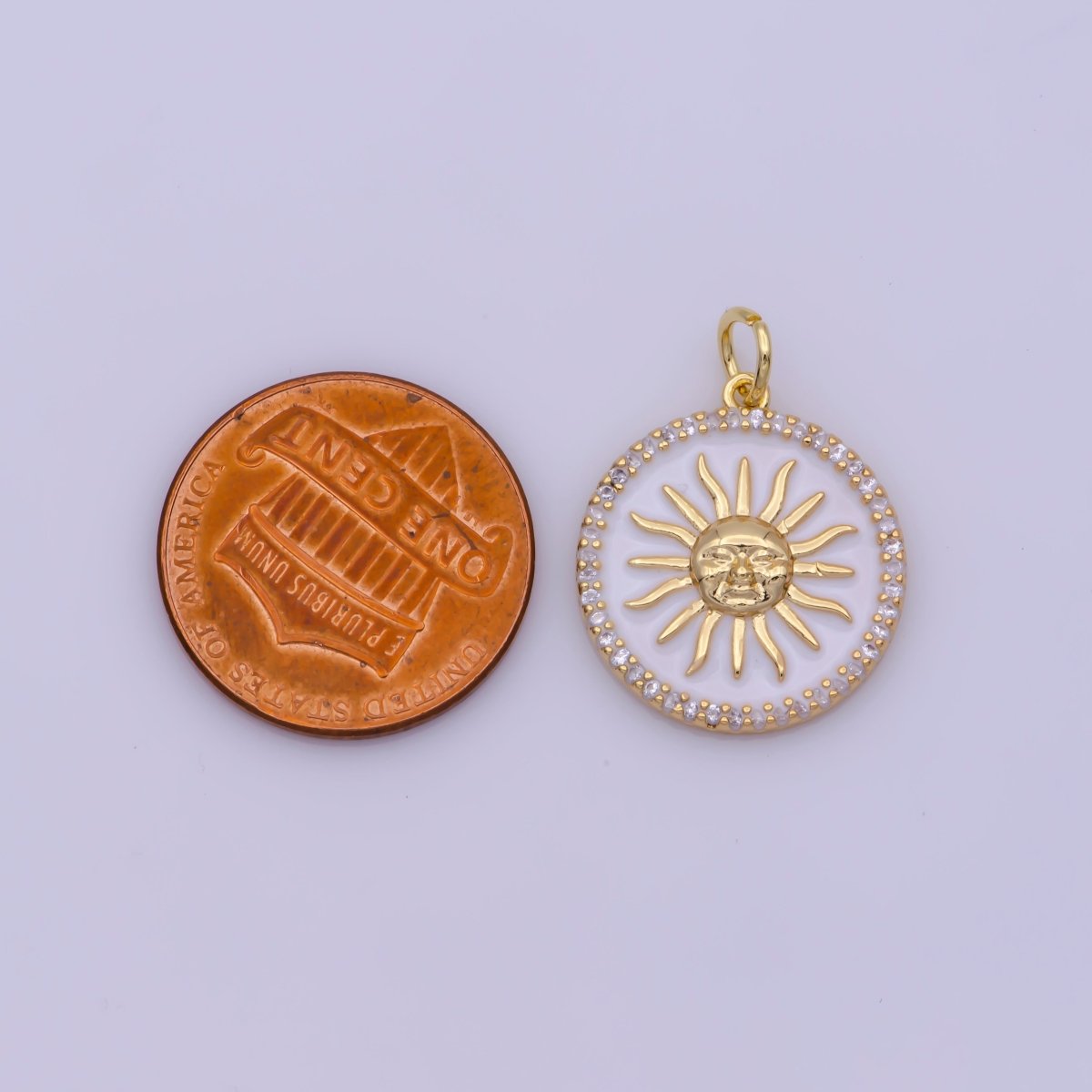 Dainty White Enamel Coin Sun Charm Face Sun Ray Gold Charm, Bracelet, Necklace, Earring Pendant Celestial Jewelry N-184 N-185 - DLUXCA