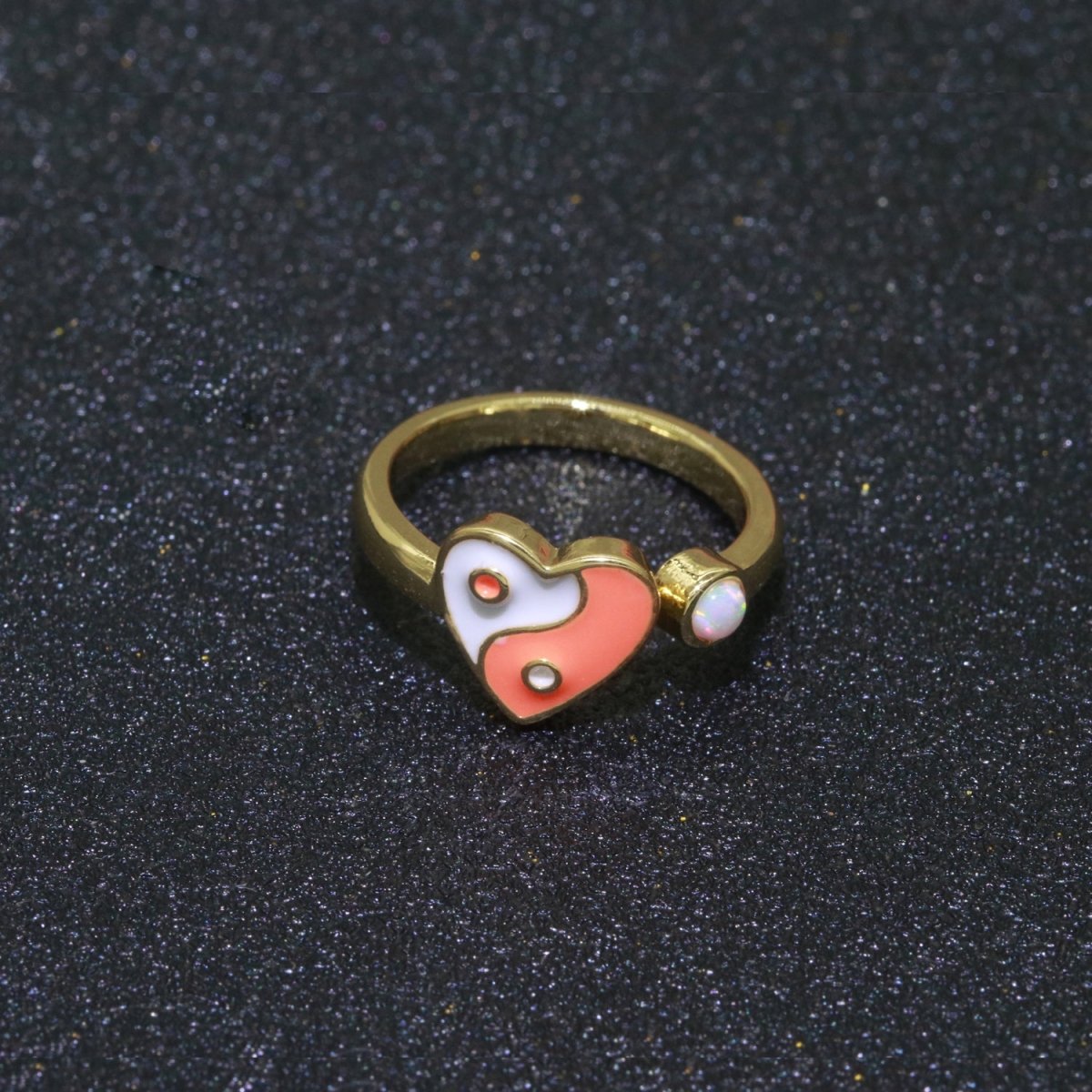 Dainty Yin Yang Ring, Open Adjustable Heart Gold Ring, Colorful Neon Enamel Ring, Stackable Ring Black White Pink blue Green Ring for Women S-067~S-075 - DLUXCA