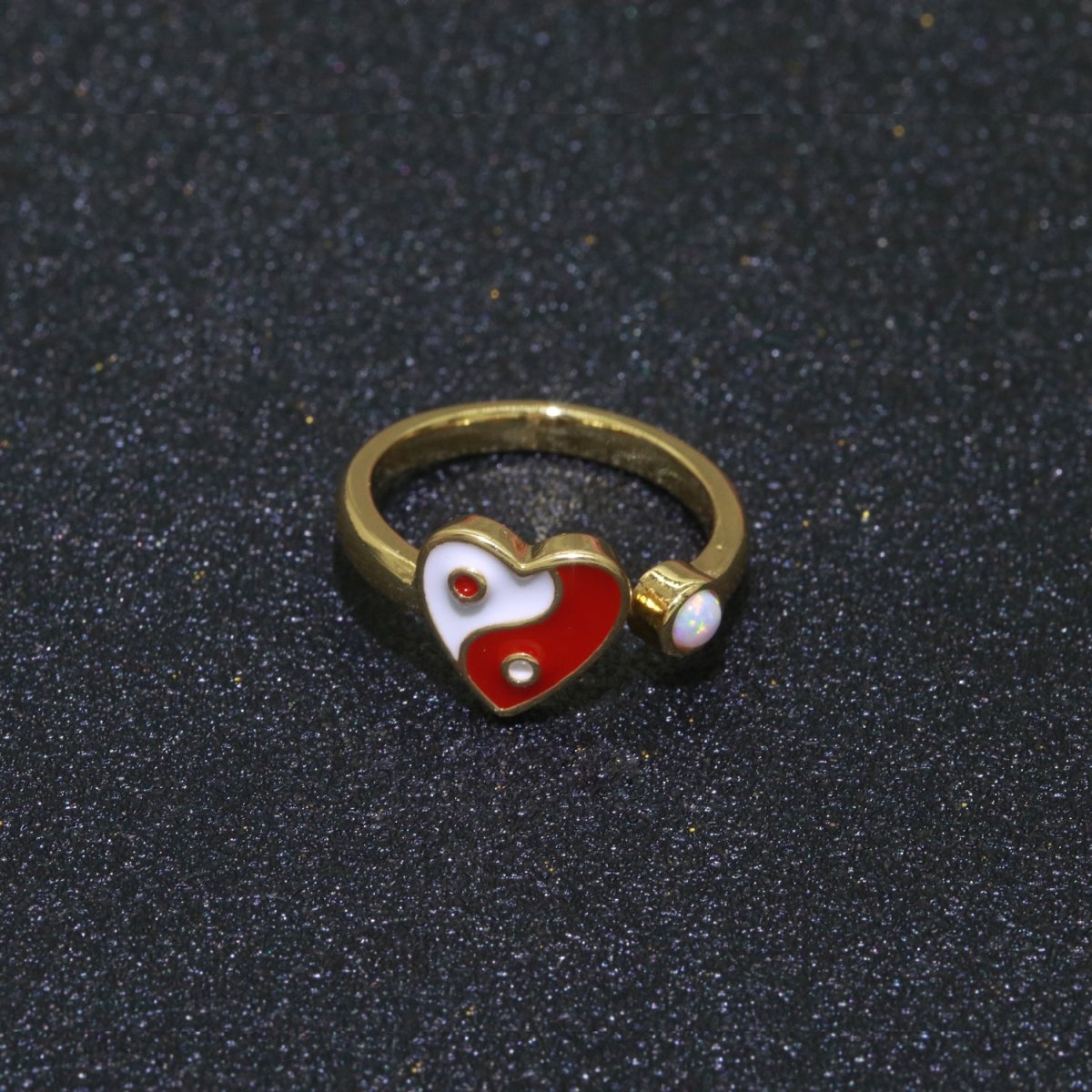 Dainty Yin Yang Ring, Open Adjustable Heart Gold Ring, Colorful Neon Enamel Ring, Stackable Ring Black White Pink blue Green Ring for Women S-067~S-075 - DLUXCA